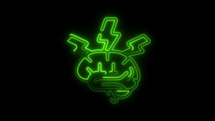 Bright green neon outline of a human brain with lightning bolts on black background electricity