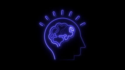Blue neon silhouette of human head with brain and light rays on black background lightbulb rays idea