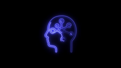 Blue neon outline of human head profile with network connections inside on black background silhouette