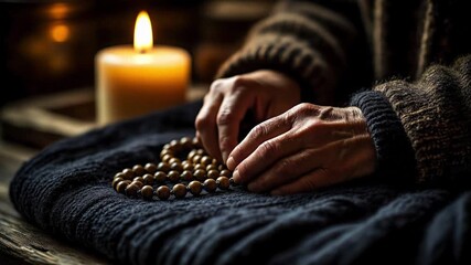 A pair of a woman hands rests on a dark cloth. A lit candle glows softly in the background. Prayer beads are placed nearby, symbolizing reflection and spirituality.