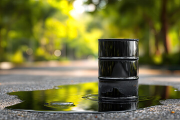 Black crude oil barrel and reflective oil spill with a dark. Park blur background