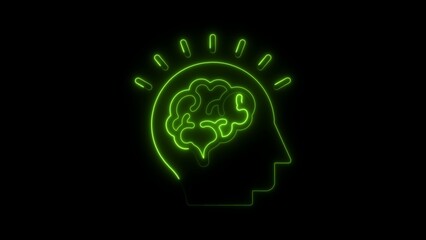 Green Neon Silhouette of Human Head with Brain and Lightbulb Rays on Black Background image