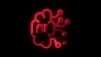 Red Neon A I Brain Circuit Icon on Black Background AI brain artificial intelligence