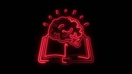 Red neon brain icon glowing above open book on black background knowledge