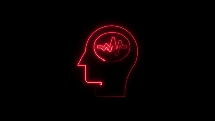 Red Neon Outline Human Head Silhouette with Brainwave Activity mind