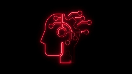 Red Neon Outline of Human Head with Digital Circuitry on Black Background human head outline digital circuits