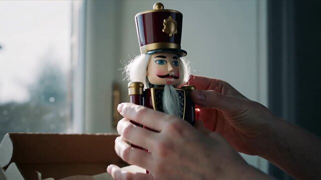 Small hands open a box to reveal a glossy nutcracker in tissue paper, morning winter light catching its lacquered hat and carved face as the careful unwrapping builds quiet excitement.