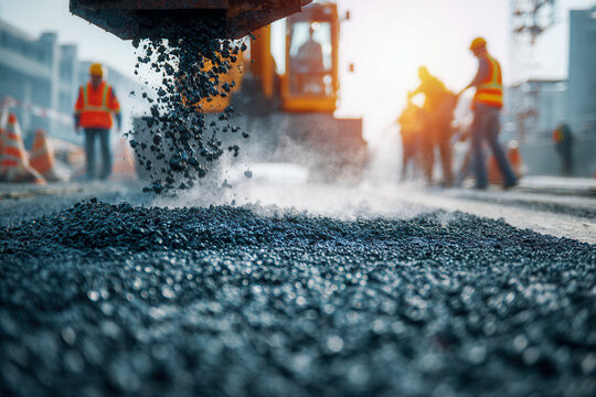 Construction workers wearing safety gear laying fresh asphalt on busy urban street during road paving project at sunrise with heavy machinery in background