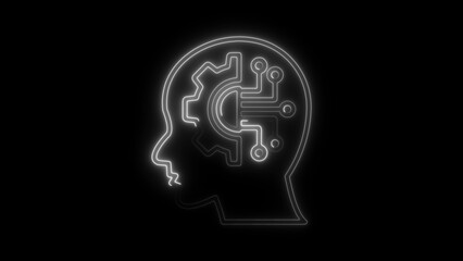 White neon outline of a human head profile with a circuit board brain on a black background image