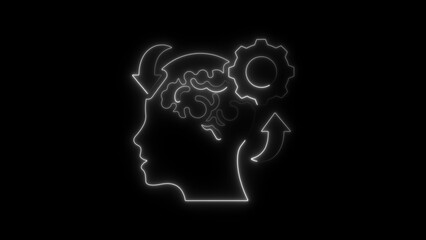 White neon outline of human head profile with brain and gears inside on black background thinking