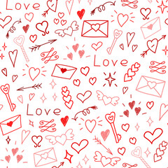 Romantic Red Doodle Pattern With Hearts Envelopes Keys And Wings For Valentine Themed Design