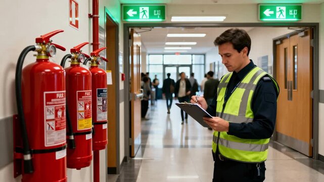 Medium shot of a safety officer inspecting fire extinguishers and emergency exits in a busy public building hallway ensuring regulatory compliance.