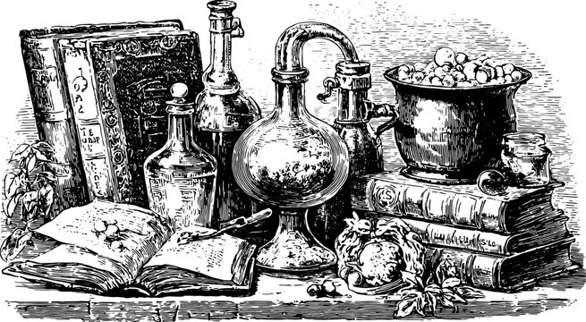 Engraving of antique bottles and books in a set on a shelf. Vintage hand-drawn elements suggest a historical theme in this vector illustration.