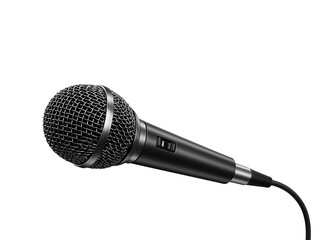 Black studio microphone isolated on white background for media recording and broadcasting speech