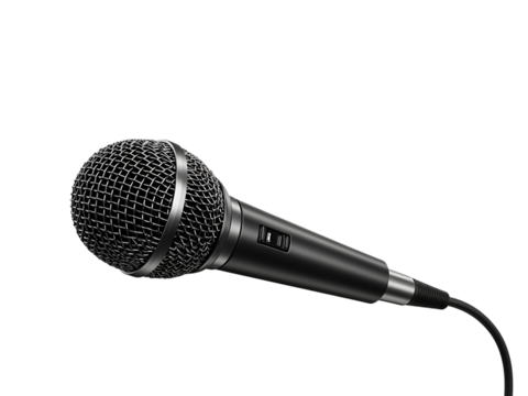 Black studio microphone isolated on white background for media recording and broadcasting speech