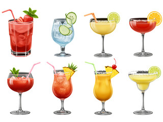 Assorted colorful cocktails in various glasses isolated on white background