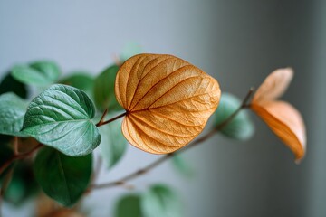 Close up of tropical houseplant with vibrant green leaves and one warm orange dried leaf showing seasonal change or nature cycle