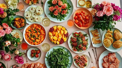 Colorful and vibrant brunch spread featuring fresh fruits, salads, and pastries for a sunny day gathering in a cozy garden setting - Powered by Adobe