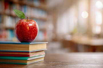 Bright shiny red apple with a fresh green leaf sitting on a stack of colorful books in a warmly lit library or classroom setting