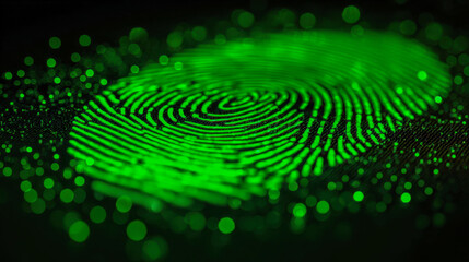 Digital biometric fingerprint glowing in neon green with futuristic bokeh light effects representing identity verification and cybersecurity technology concepts