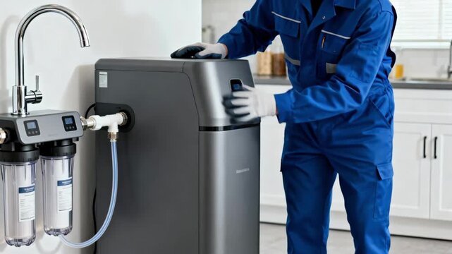 Midshot of a professional installing a modern water softener unit near plumbing fixtures highlighting a clean and organized home water filtration system.