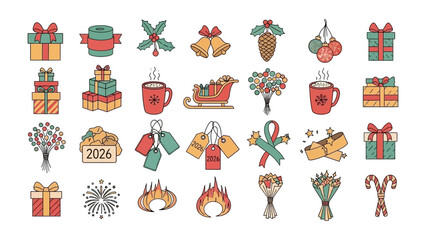 Christmas Cheer Icon Set: A vibrant array of Christmas-themed icons, including gifts, bells, ornaments, and festive decorations, perfect for seasonal designs.