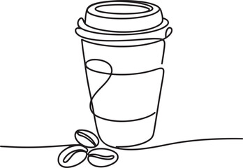Continuous Line Art Illustration of Takeaway Coffee Cup with Beans and Lid Minimal Handmade Style