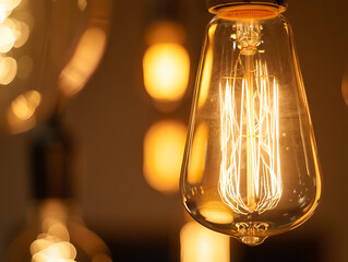 Close up of a vintage edison light bulb with glowing filament