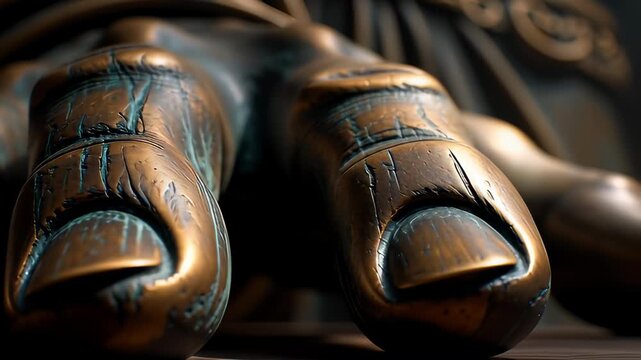 Weathered bronze statue fingers with teal patina and rough metallic texture in a cinematic macro shot, illustrating ancient art and strength concepts
