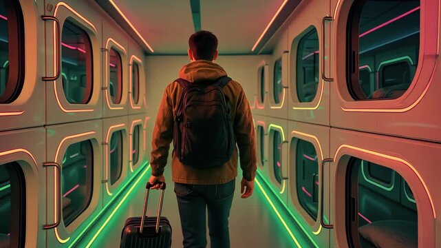 man walks with backpack through futuristic corridor of capsule hotel with glowing green light, symbol of travel and technology. Traveler moves along illuminated room, concept of journey Sustainable.
