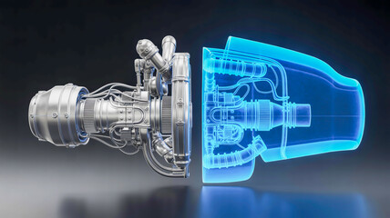 Jet engine cutaway showing mechanical components and blue x-ray view