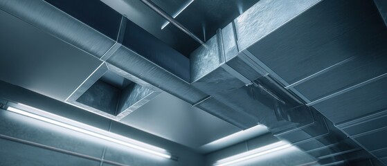 Obraz premium The ductwork and fluorescent lights in a modern industrial ceiling interior