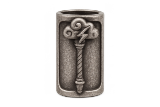 Fantasy stone barrel carving a lightning cloud symbol