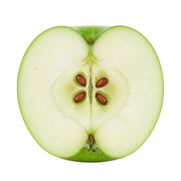 Perfectly cut bright green apple half displaying inner fruit structure on a dark field