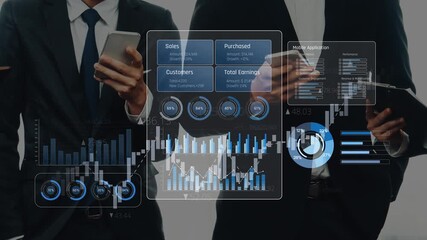 Three business professionals analyze financial data using advanced technology, with digital charts and graphs highlighting sales and performance metrics in a modern office setting. Raster - Powered by Adobe