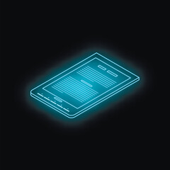 Isometric view of a glowing ebook reader displaying text on a dark background, representing digital reading and technology