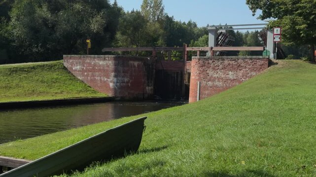 Dambrovka Lock. Augustow Canal, Avgustovski channel or Kanal Augustowski uniting Vistula Neman rivers protected by UNESCO in Chertok Dombrovka Grodno Hrodna visafree region Belarus in Europe.