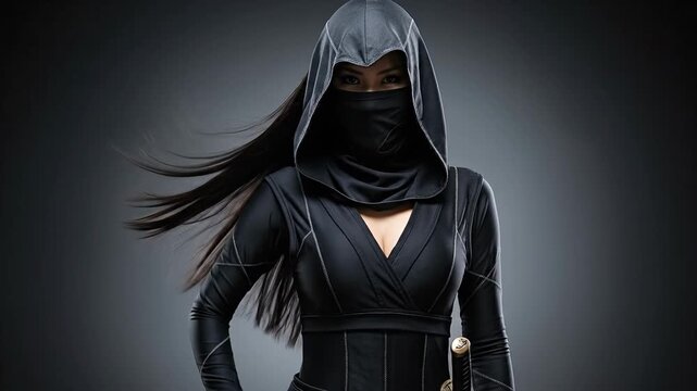Mysterious Ninja Assassin in Black Hood with Sword Posing.