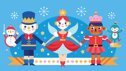 A festive Christmas card featuring a colorful nutcracker soldier in a holiday setting with snowflakes and ornaments..eps