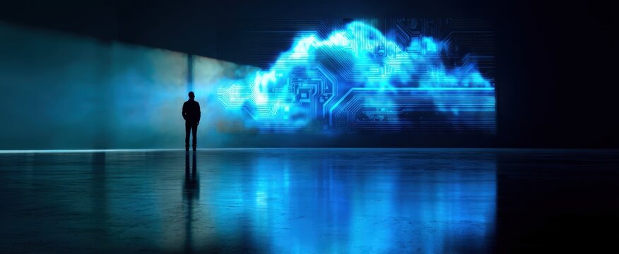 The Cloud with Silhouetted Figure in a Futuristic Digital Data Center