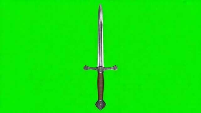 Realistic medieval sword with brown leather grip on green screen