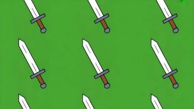 Repeating pattern of simple cartoon swords on a green background