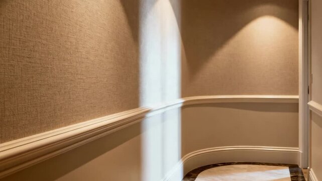 Decorative chair rail with subtle curvature complements a refined hallway setting combining gentle shadows and textured wall surfaces for timeless aesthetic appeal.