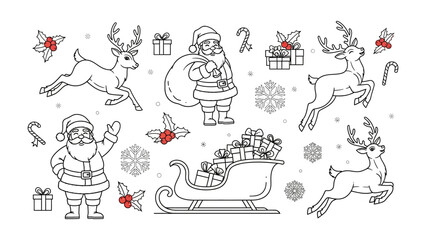 Whimsical Christmas Illustration: A delightful Christmas-themed illustration featuring Santa Claus, reindeer, gifts and festive elements, all outlined with charming line art.