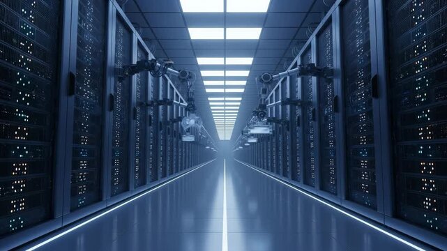 Futuristic server room with robotic arms and glowing data racks center technology 4K Ai HD high quality video.
