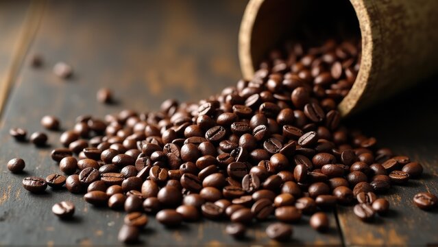 jamhuri day. Pile of coffee beans spilling on dark wood, agricultural wealth and prosperity