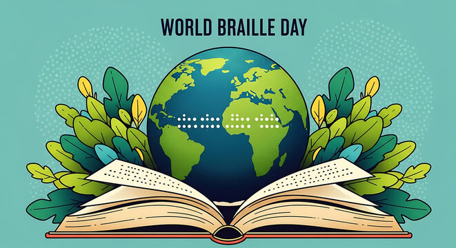 World braille day celebration with earth and open book surrounded by green leaves