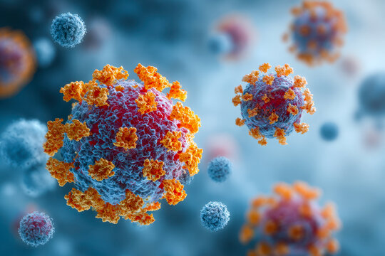 Detailed 3d illustration of viral particles with blue and orange protein structures floating in a microscopic environment representing infectious pathogens in fluid