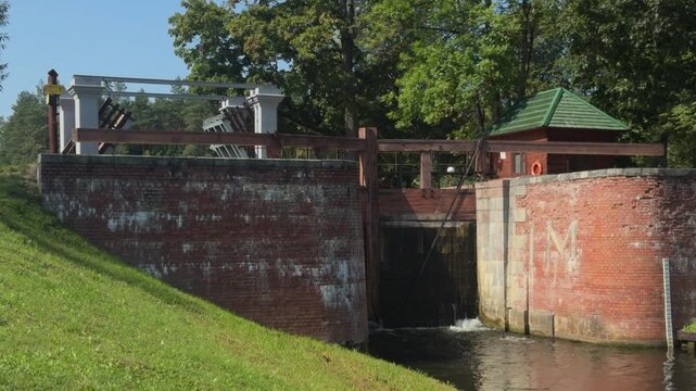 Dambrovka Lock. Augustow Canal, Avgustovski channel or Kanal Augustowski uniting Vistula Neman rivers protected by UNESCO in Chertok Dombrovka Grodno Hrodna visafree region Belarus in Europe.