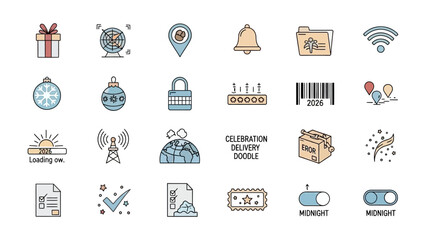 Assorted Icons for Holiday Cheer and Tech Functions: a collection of diverse, cheerful vector icons, including seasonal symbols like ornaments and gifts.